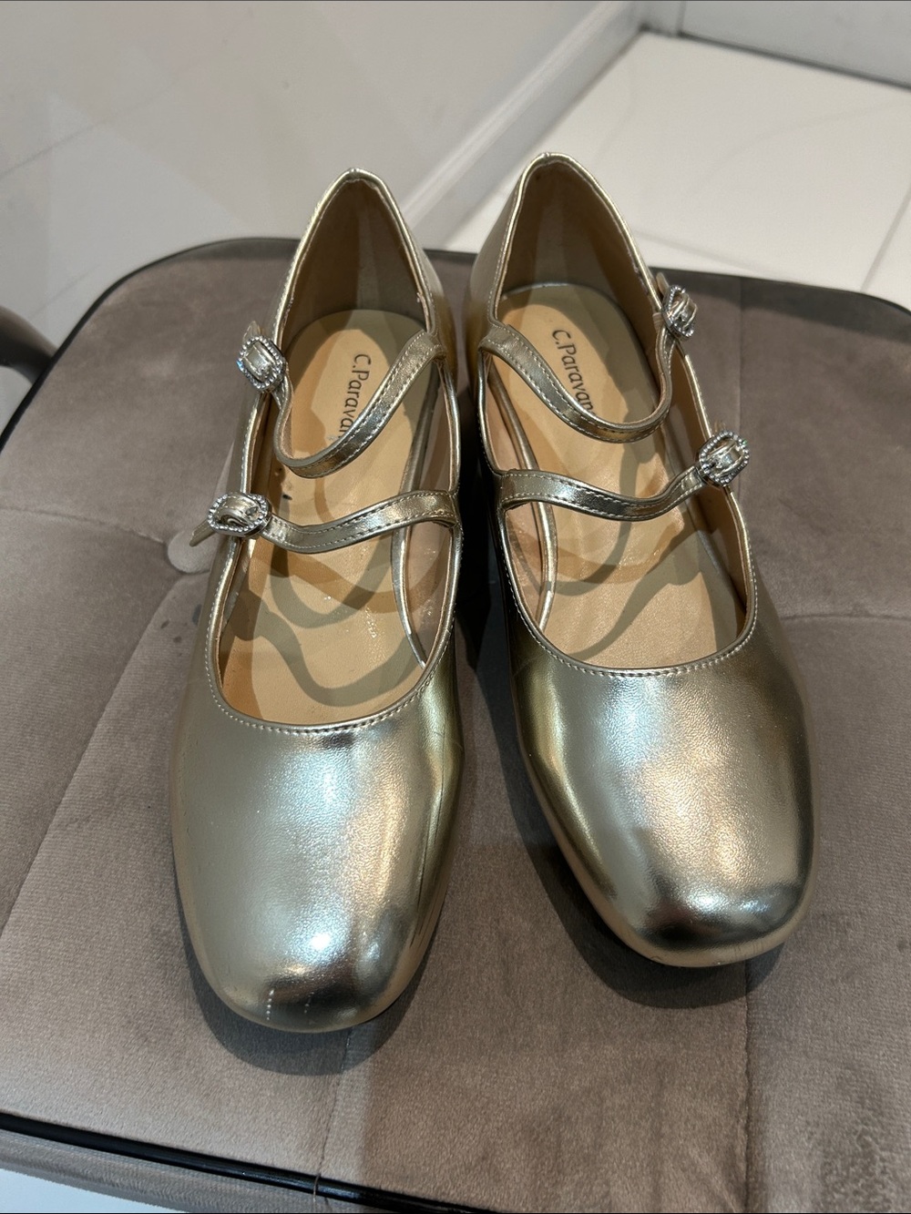 C.Paravani Metallic Gold Mary Jane Flats